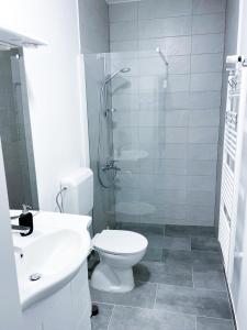 uma casa de banho com um chuveiro, um WC e um lavatório. em APARTMA GALEB em Piran