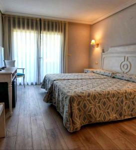 een hotelkamer met een groot bed en een bureau bij Hotel Tereñes Costa in Ribadesella