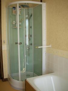 una ducha con puerta de cristal en un baño en La Châtaigne Dorée, en Saint-Pierre-de-Fursac