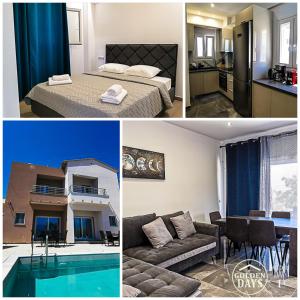 a collage of photos of a bedroom and a living room at Golden Days villas in Sívas