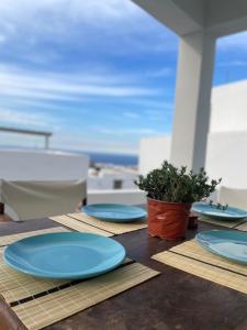 a table with blue plates and a potted plant on it at Αnna's House in Apollonia