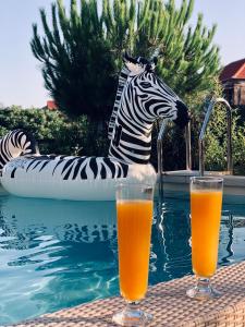 a zebra statue sitting in a pool next to two glasses of juice at Apartments Zebra in Tivat