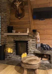 a living room with a stone fireplace with a deer head on the wall at Chalet de l'Ours : 4 étoiles-spa-proche des pistes in La Clusaz