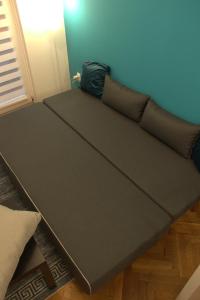 a brown couch in a room with a blue wall at Novi Sad Apartman Tenigo in Novi Sad