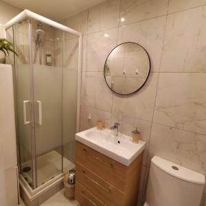 a bathroom with a shower and a sink and a mirror at Joli studio dans le coeur de Menton in Menton