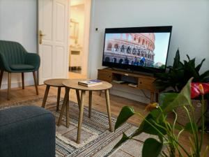 sala de estar con TV y mesa de centro en Casa Jardín, en Monforte de Lemos