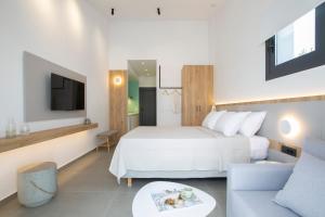 a bedroom with a bed and a couch and a tv at Elianthi Luxury Apartments in Nikiana