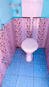 Baño rosa y azul con aseo y lavabo en Gharat Cottage en Alibaug