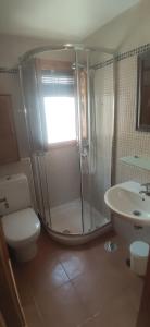 ein Bad mit einer Dusche, einem WC und einem Waschbecken in der Unterkunft Apartamento San Agustín Playa in Villajoyosa