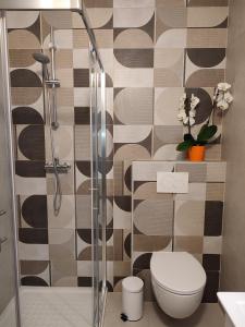 a bathroom with a toilet and a glass shower at Apartments Olea in Poreč