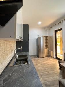 a kitchen with a sink and a refrigerator at Royal Galaxy in Kazbegi