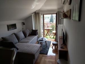 a living room with a couch and a television at Promenada View Snežnik in Vrnjačka Banja