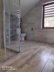 a bathroom with a glass shower and a toilet at Domo Vila in Druskininkai +13 photos