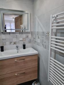uma casa de banho com um lavatório e um espelho em Coeur de Cauterets appartement 53m² 4/6 personnes em Cauterets