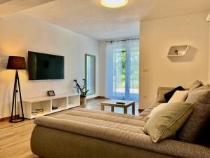 sala de estar con sofá y TV de pantalla plana en Apartment ZEN, en Zgornje Škofije