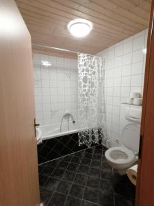 a bathroom with a toilet and a tub and a sink at Ferienwohnung Aichelberg in Aichelberg