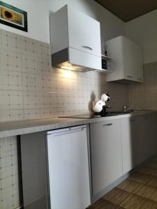 een keuken met witte kasten en een knuffeldier op het aanrecht bij Apartment Dea in Cles