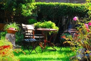 a garden with two chairs and a table in the grass at Studios Efi in Kala Nera