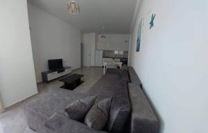 sala de estar con sofá y TV en Azure beach apartment, en Orikum