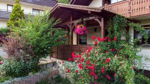 a house with red flowers in the front yard at Alp House in Bohinjska Bela