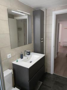 a bathroom with a sink and a mirror and a toilet at Apartamento El Torreón, con opción a parking in Zaragoza