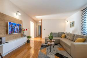 a living room with a couch and a tv at Large apartment in Central Istria with private pool in Pulići