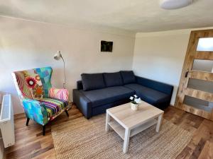 EDER- Penzion & Apartmány في هورني بلانا: غرفة معيشة مع أريكة زرقاء وكرسي