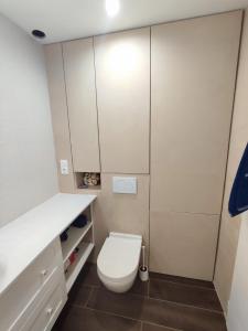 a bathroom with a white toilet and a cabinet at Bel appartement T2 dans résidence à Saint-Raphaël Valescure à 10 minutes de la mer in Saint-Raphaël