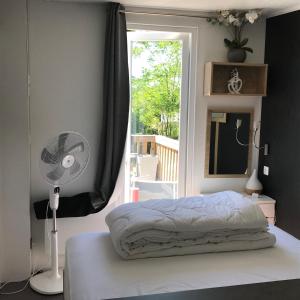 - une chambre avec un lit, un ventilateur et une fenêtre dans l'établissement L Orée Du Bois, à Moncheux