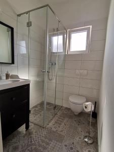 een badkamer met een douche, een toilet en een wastafel bij Apartment Nino in Zadar