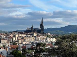 vistas a una ciudad con iglesia y edificios en Un havre de paix en plein coeur de ville près Chu, en Clermont-Ferrand