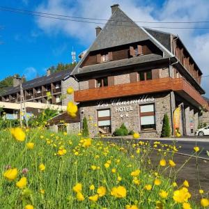 a hotel with a field of flowers in front of it at Hôtel Les Charmilles in Besse-et-Saint-Anastaise