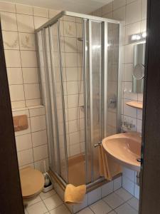 y baño con ducha y lavamanos. en Café Bäckerei Pension Alcana Mirco Münch, en Alken