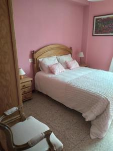Pension Bajamar في Ladrido: غرفة نوم مع سرير بجدران وردية وكرسي