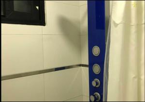 a shower with a blue pole in a bathroom at By Daniels Hotel y Suites in Federación +20 photos