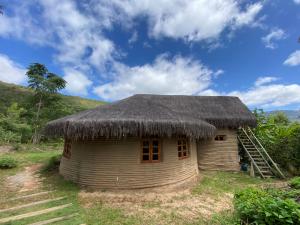 a small hut with a grass roof and a ladder at Sítio Monte Alegre in Ibicoara