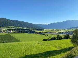 a field of green grass with mountains in the background at Haus Weigt in Mariapfarr