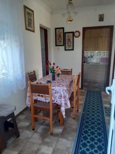 a dining room with a table and chairs and a door at ANNAS COTTAGE in Skala Sotiros +12 photos