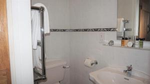 un bagno bianco con un water e un lavandino di Shepherd's Watch Cottage - 5* Cyfie Farm with private hot tub a Llanfyllin Altre 31 foto