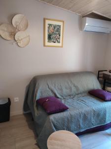 ein Wohnzimmer mit einem Sofa und lila Kissen in der Unterkunft Villa Casaleno gite La Cigale avec wi-fi in Millas