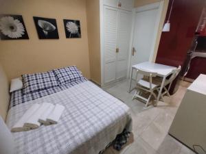 1 dormitorio con cama, mesa y escritorio en Estudio Lorenzo Acogedor en Madrid