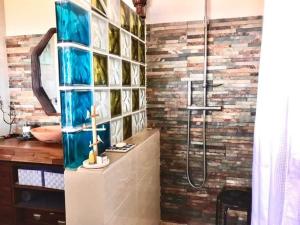 a bathroom with a shower with a glass wall at La novia Del Mar un Cocon entre Ciel et Mer in Saint-Pierre