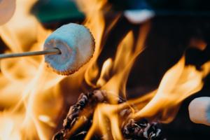 una persona cocinando comida en un palo en un fuego en The Grayhaven Motel en Ithaca
