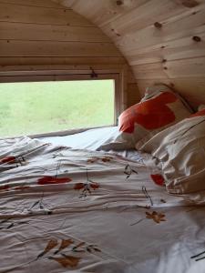 Ce lit se trouve dans un dortoir doté d'une fenêtre. dans l'établissement Un tonneau à la belle étoile, à Irancy