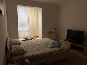 une chambre avec un lit et une télévision à écran plat dans l'établissement Квартира в центрі в новобудові Набережний квартал, à Rivne
