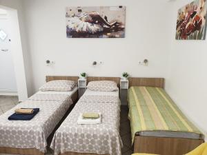 a room with three beds and a painting on the wall at Apartments Viking in Split +36 photos