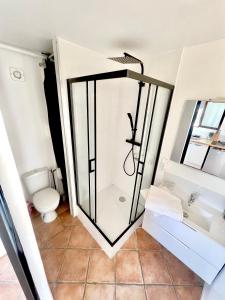 uma casa de banho com um chuveiro e um WC. em Studio avec jacuzzi et piscine em Lorgues