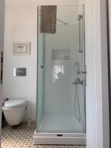 a bathroom with a shower with a toilet at Beyaz Ev in Seferihisar