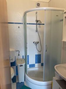 La salle de bains est pourvue d'une douche avec une porte en verre. dans l'établissement Apartment Near The Beach, à Privlaka