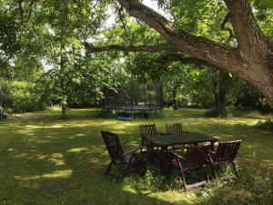 una mesa de picnic y sillas bajo un árbol en un parque en Five Oaks - Rote Wohnung en Hohenkirchen
